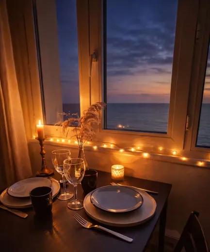Candlelit dinner facing the sea at sunset