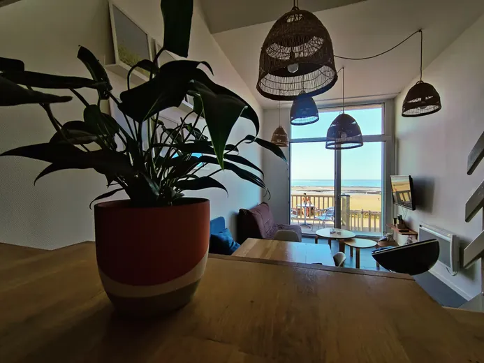 Living room with plants and a view of the beach